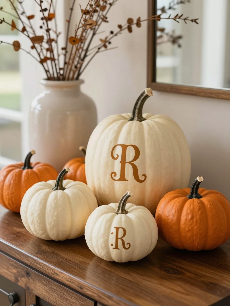 Image Prompt: A realistic DSLR photo of small matte pumpkins in ivory and dusty orange with elegant painted monogram letters on the front, styled on a fall entryway table with a ceramic vase, dried branches, and warm natural light, polished personalized home decor photography.