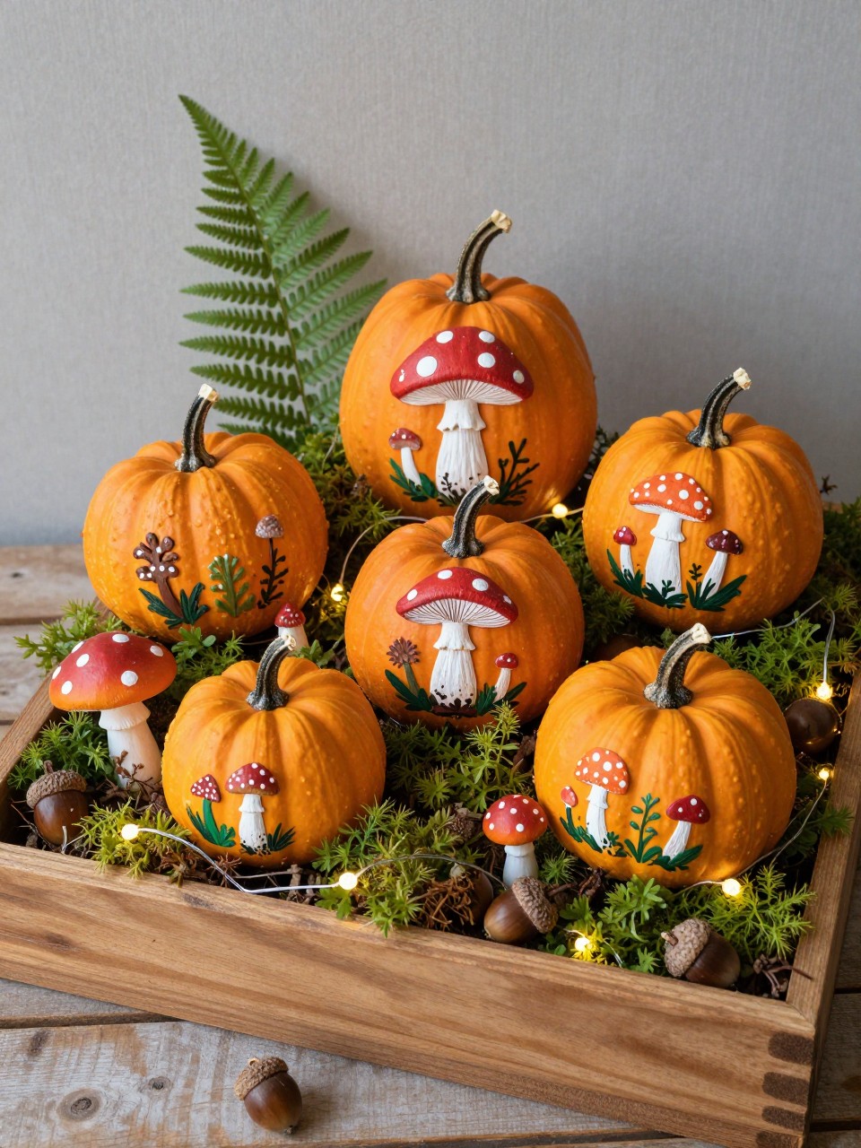 Image Prompt: A realistic DSLR photo of small pumpkins decorated with tiny painted mushroom scenes, moss details, mini faux mushrooms, and delicate fern accents, arranged in a shallow wooden tray with real moss, acorns, and fairy-light glow, whimsical woodland fall decor, realistic craft styling.