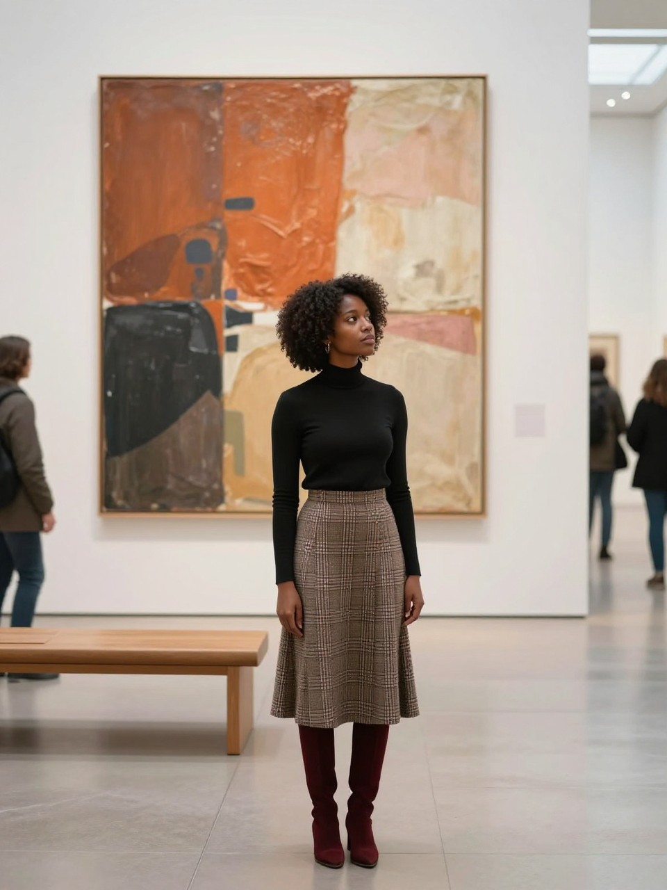 Image Prompt: A realistic editorial photograph of a Black woman with rich dark skin exploring a contemporary art gallery alone during fall, standing thoughtfully before a large textured abstract painting in burnt orange, charcoal, cream and muted pink, wearing a fitted black turtleneck, plaid midi skirt, burgundy knee-high boots and small gold earrings, natural curls styled into a rounded afro, museum bench and other visitors softly blurred behind her, bright clean gallery lighting with natural window light, composed confident posture, realistic skin and clothing textures, sophisticated DSLR lifestyle photography, 50mm lens, no visible artwork labels, no text.
