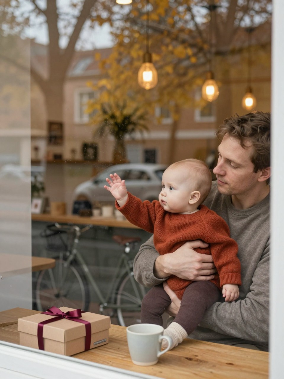 Image Prompt: A realistic lifestyle photograph taken from outside a quiet bakery window on a cool fall morning. A white father sits beside the glass holding his eight-month-old baby securely on his lap. The baby wears a soft rust sweater, dark brown leggings, and cream socks. A closed bakery box tied with thin burgundy ribbon rests on the opposite side of the table, far from the baby, beside a ceramic cup that is empty and cool. Reflections of golden trees, bicycles, and warm pendant lights layer across the window. The baby presses one open palm gently against the glass while the father supports the torso. Natural pale skin tones, realistic reflections, soft condensation, warm indoor light balanced with cool outdoor daylight.