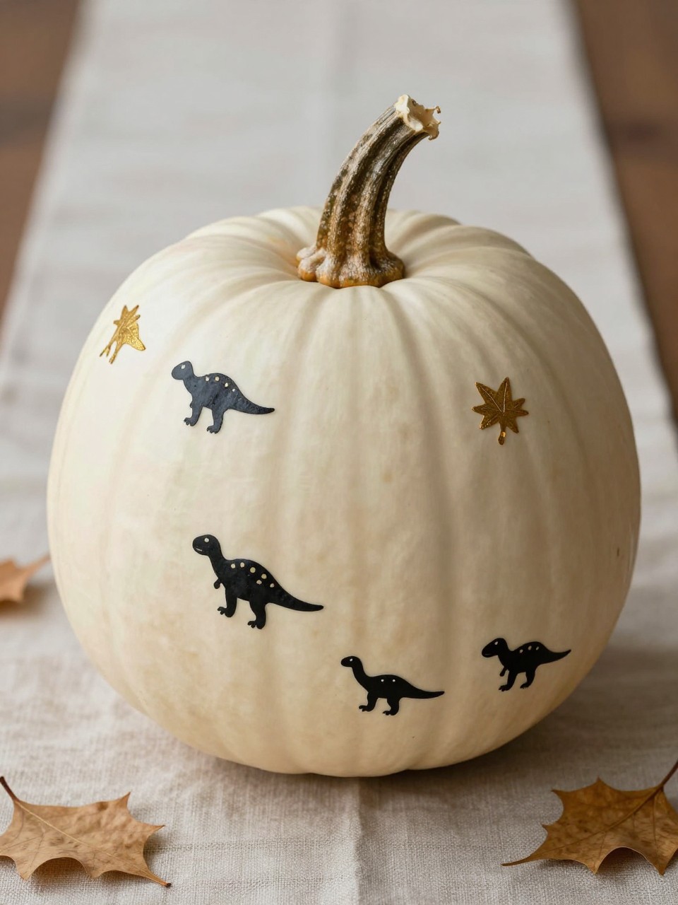 Image Prompt: A realistic DSLR close-up photo of a matte ivory pumpkin decorated with tiny black and gold dinosaur footprints walking around the pumpkin ridges, small leafy accents, clean painted stem, displayed on a neutral linen runner with dried leaves and soft sunlight, simple classy no-carve dinosaur pumpkin idea.