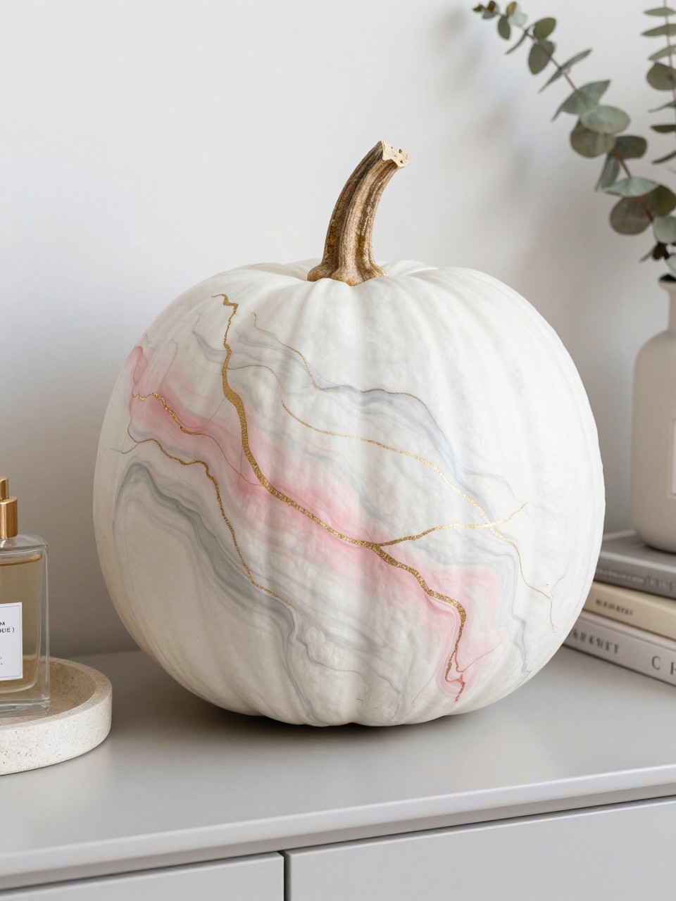 Horizontal 16:9 natural iPhone camera photograph of a real white pumpkin painted with soft flowing marble veins in blush pink, dusty rose, pale gray, and muted gold, thin irregular branching lines with gently blended edges, natural brown stem, displayed on a modern vanity console beside a stone tray, perfume bottles, neutral books, and dried eucalyptus, diffused daylight, understated realistic marble effect, no artificial gloss, no text.