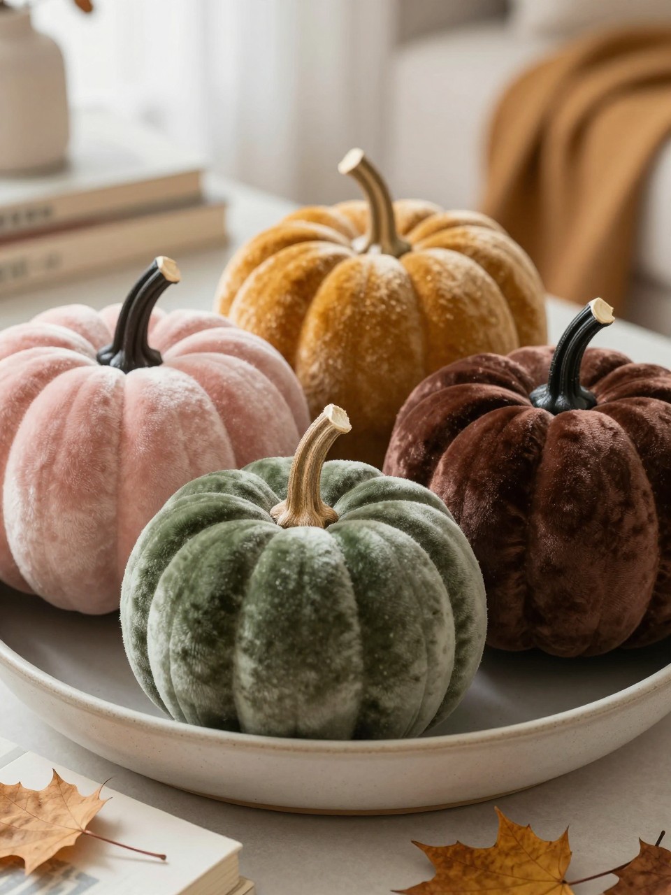 Image Prompt: A realistic DSLR close-up photo of foam pumpkins covered in soft velvet fabric in colors like olive green, dusty rose, chocolate brown, mustard, and ivory, with real-looking stems, arranged in a shallow ceramic bowl on a coffee table with books, dried leaves, and soft autumn daylight, cozy modern fall decor style.