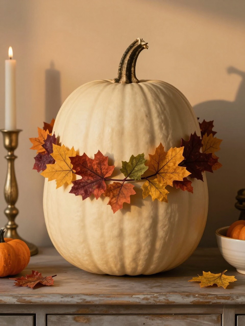 Image Prompt: A realistic DSLR photo of a matte ivory pumpkin decorated with a painted garland of fall leaves wrapping around the middle, in shades of rust, mustard, olive, and burgundy, displayed on a sideboard with candlesticks, ceramic bowls, and soft golden evening light, tasteful Thanksgiving pumpkin decor style.