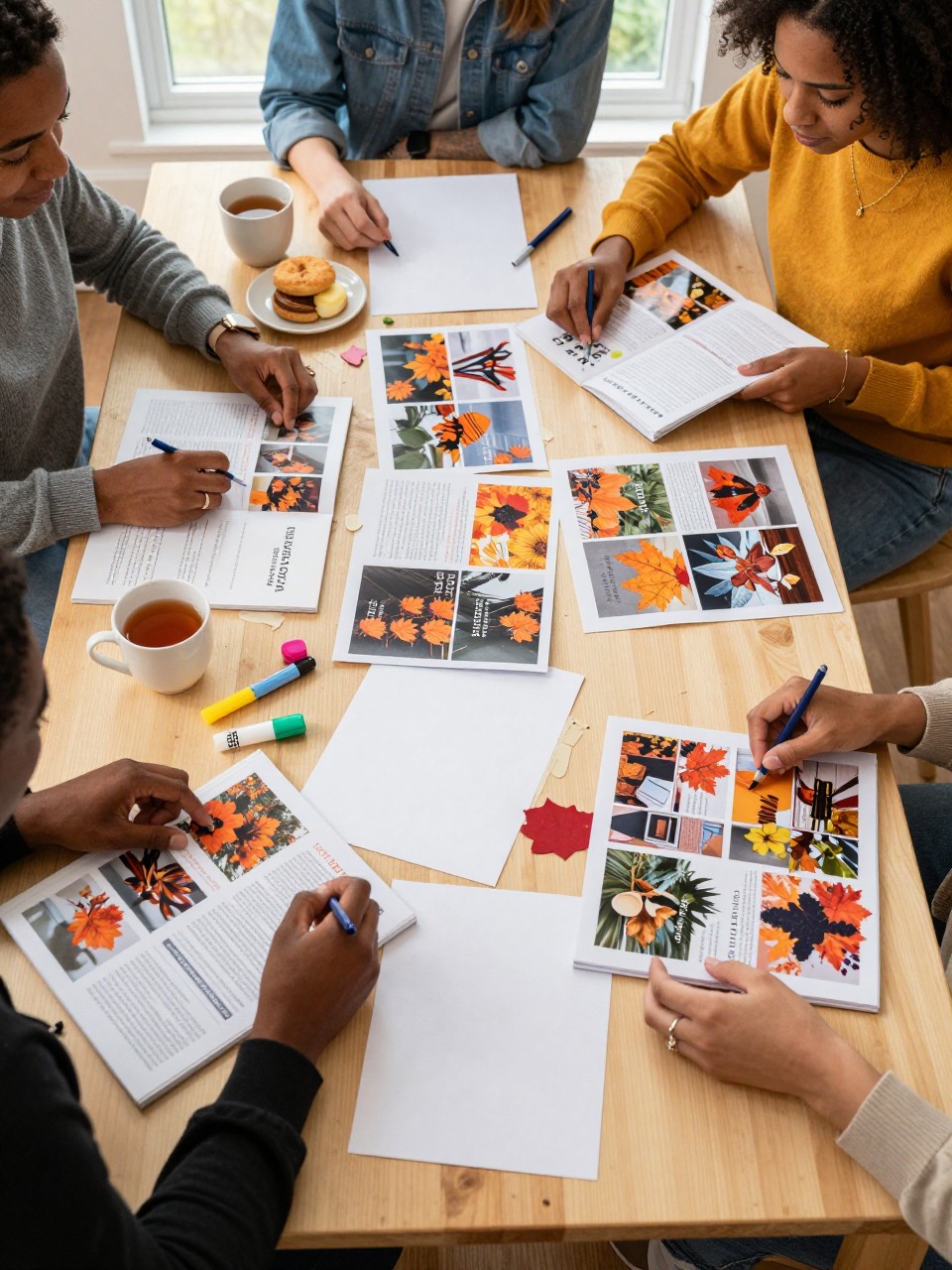 Image Prompt: A creative dining table covered with printed fall photographs, recipe clippings, blank paper, markers, magazines, glue sticks and fabric scraps, four friends assembling a handmade seasonal magazine together, a Black woman arranging a page of local café recommendations while another friend designs a collage of autumn outfits, cups of tea and pastries beside the materials, afternoon window light, visible cut edges and glue marks, detailed editorial DSLR craft photography, no readable publication names, no text overlay.