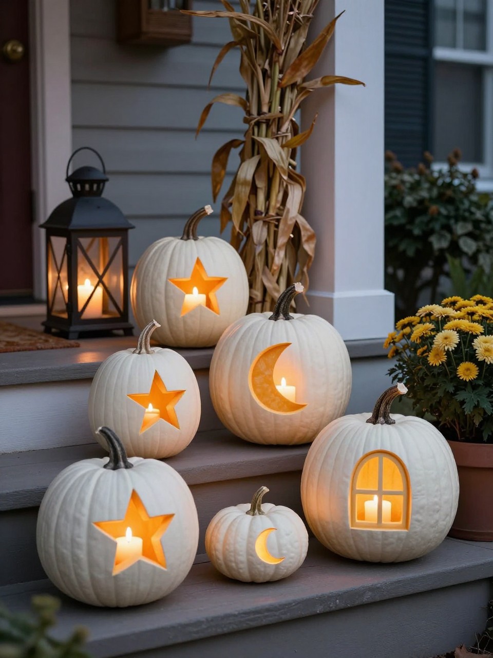 Image Prompt: A realistic DSLR photo of white fake pumpkins cut with neat star, moon, and window shapes, glowing from inside with battery-operated candles, arranged on a porch step with lanterns, dried corn stalks, mums, and soft evening light, cozy no-flame fall porch decor style.