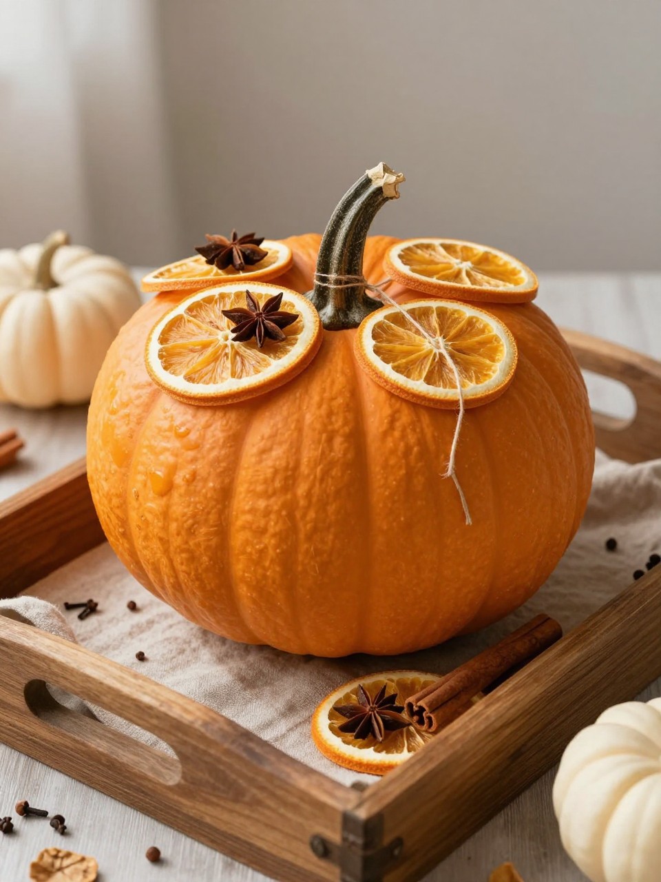 Image Prompt: A realistic DSLR photo of a soft orange pumpkin decorated with dried orange slices, cinnamon sticks, star anise, and thin twine tied around the stem, arranged on a rustic wood tray with cloves, linen cloth, little white pumpkins, and warm afternoon sunlight, natural cozy Thanksgiving centerpiece style.