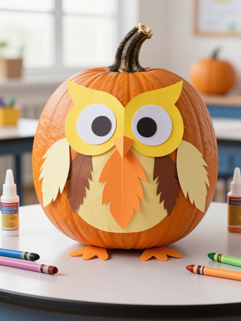 Image Prompt: A realistic DSLR photo of an orange pumpkin decorated as a kid-friendly owl using paper plate feather cutouts in yellow, brown, orange, and cream, with large paper eyes, a small triangle beak, simple wings, and craft supplies nearby, displayed on a classroom table with crayons, washable markers, glue sticks, and bright window light, easy children’s pumpkin craft.