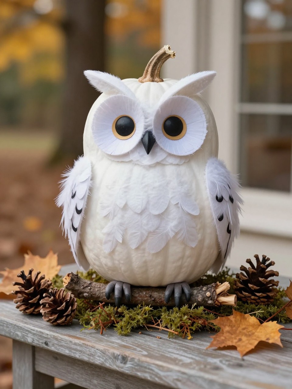 Image Prompt: A realistic DSLR photo of a medium white pumpkin decorated as an owl perched on a small natural branch, with painted feather details, felt wings, large paper eyes, tiny claws wrapped around the branch, moss base, pinecones, and dried orange leaves, displayed on an entryway table with soft autumn daylight, cozy woodland fall decor style.