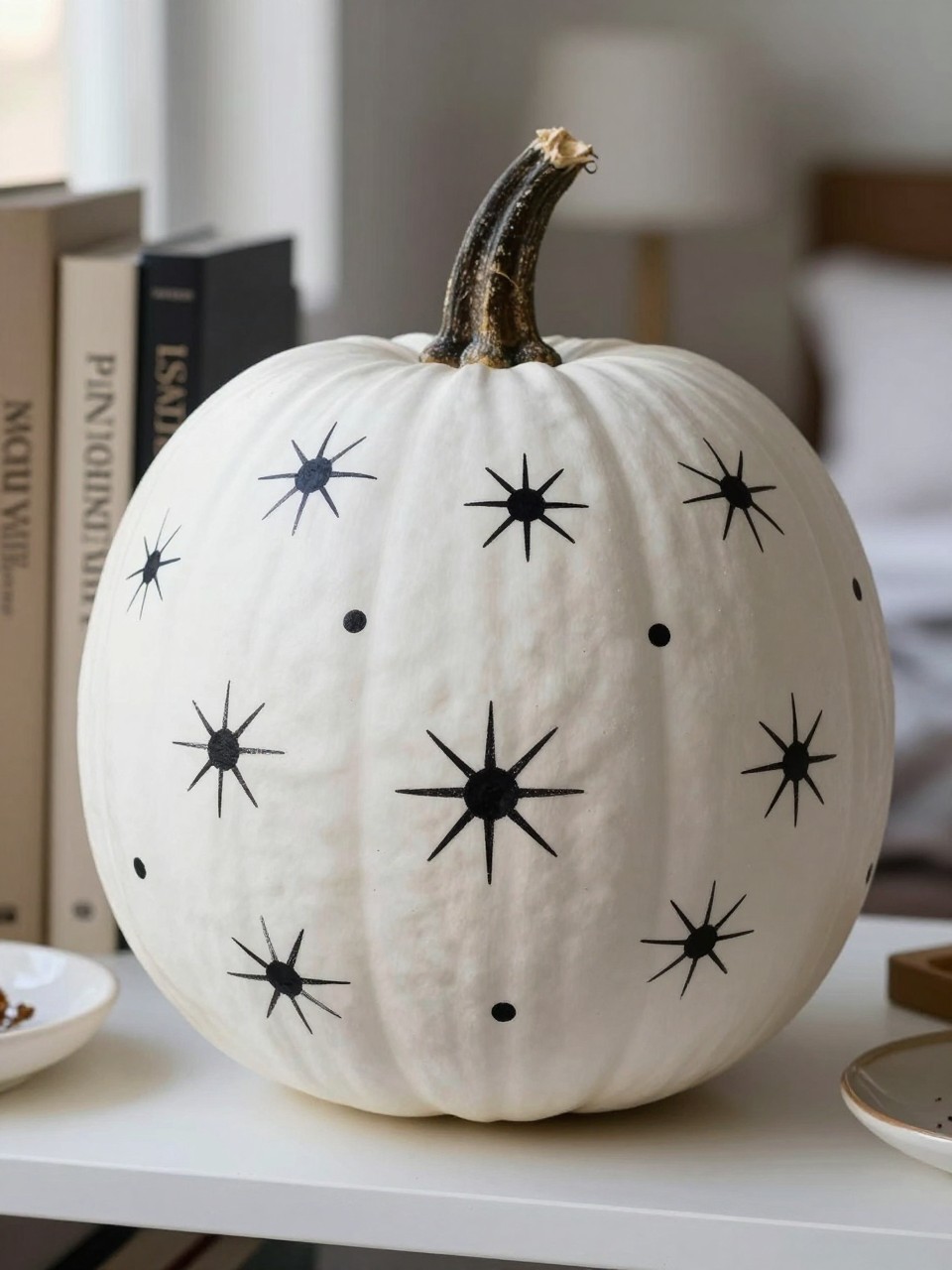 Horizontal 16:9 realistic iPhone camera photograph of a matte white real pumpkin covered with scattered black starbursts in different sizes, each made from a small center dot and thin uneven lines, natural dark-brown stem, displayed on a bedroom shelf beside neutral books, a small lamp, dried flowers, and a ceramic dish, soft evening window light, simple graphic handmade pattern, no glitter, no text.
