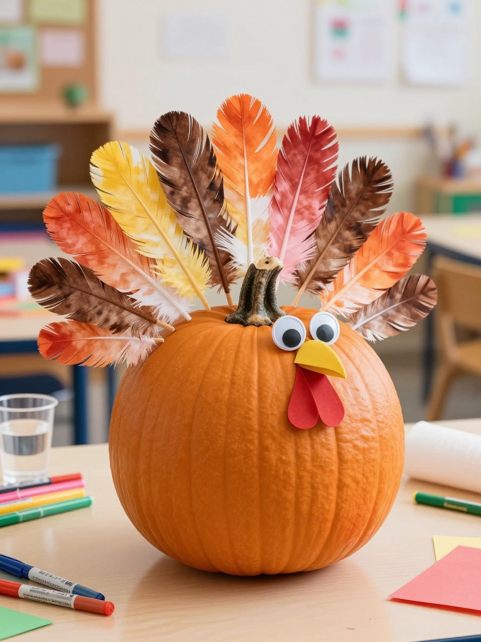 Image Prompt: A realistic DSLR photo of an orange pumpkin decorated as a turkey with dyed coffee filter feathers in watercolor shades of orange, red, yellow, brown, and pink, soft layered tail fan, paper beak, red wattle, googly eyes, and a craft table with markers, water cups, and paper towels nearby, bright classroom craft photography.