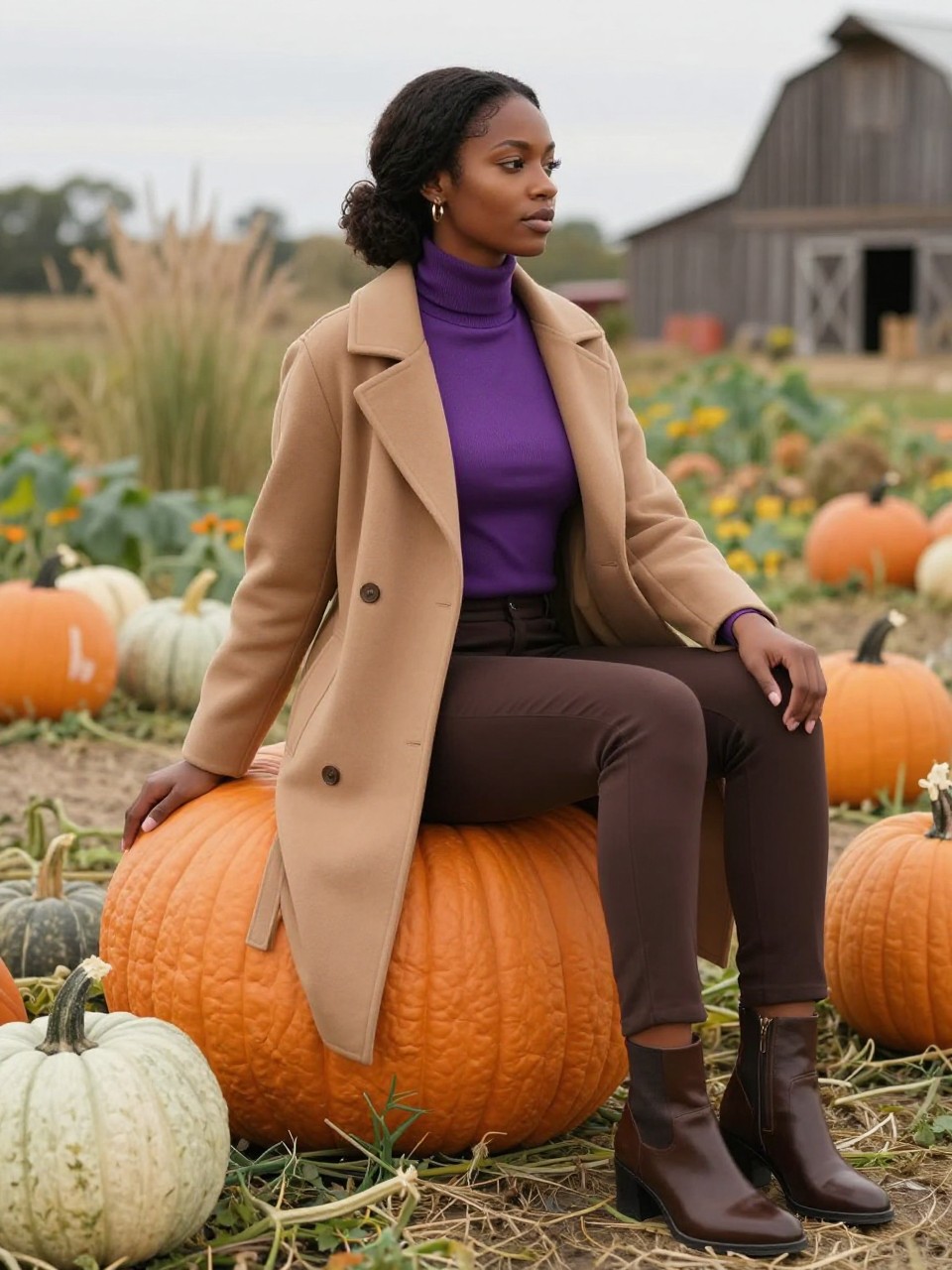 Image Prompt: A realistic DSLR portrait of a young Black woman sitting sideways on a large flat-topped heirloom pumpkin placed naturally within a pumpkin patch. She wears a fitted plum turtleneck, a long camel coat, dark brown trousers, and polished ankle boots. Her natural hair is styled in a soft low puff. Both knees angle toward one side while one hand rests lightly on the pumpkin and the other holds the coat lapel. She looks across the field instead of at the camera. Pale green and orange pumpkins surround her, with tall grasses and a wooden barn in the distance. Natural deep brown skin tone, soft cloudy daylight, realistic fabric folds, visible pumpkin ridges, elegant body proportions, modern fall editorial styling.