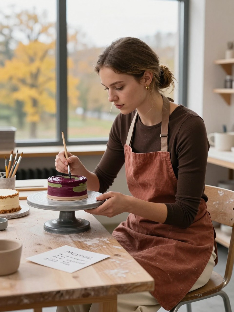 Image Prompt: A realistic DSLR editorial photograph of a young white woman working at a pottery studio on a cool fall morning. She wears a fitted chocolate-brown long-sleeve top beneath a muted rust linen apron, relaxed cream trousers, and small gold earrings. She sits at a wooden worktable painting a handmade ceramic cake stand in deep burgundy and olive brushstrokes. A small unfrosted birthday cake, paintbrushes, clay pieces, and a folded handwritten card sit nearby. Large industrial windows reveal blurred yellow trees outside. Soft cloudy daylight, natural pale skin texture, realistic paint marks, visible clay dust, warm wooden surfaces, candid concentration, polished creative birthday photography.