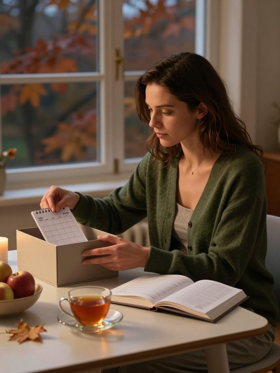 Image Prompt: A cinematic realistic photograph of a woman completing an end-of-month fall reflection ritual at a small dining table, wearing a forest-green cardigan over soft lounge clothes, reviewing a journal and paper calendar while placing completed notes into a simple storage box, warm tea, one safely positioned candle, dried leaves, and a bowl of apples nearby, large window showing a dark copper-toned fall evening, calm reflective expression, warm amber light and natural shadows, realistic paper, fabric, and skin details, premium DSLR lifestyle editorial photography, 50mm lens, no readable calendar entries, no logos, no text.