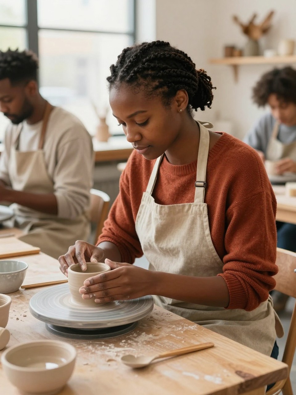 Image Prompt: A realistic DSLR photograph of a Black woman with warm medium-brown skin attending a small fall pottery workshop alone, seated at a communal wooden table while shaping a small ceramic mug from natural clay, wearing a rust-colored sweater with the sleeves pushed back and a protective linen apron, neat braided bob tucked behind one ear, other participants softly blurred in the background, unfinished pottery, wooden tools, water bowls and dried foliage arranged around the bright studio, warm afternoon window light, welcoming creative atmosphere, realistic hands, clay texture and body proportions, premium lifestyle editorial photography, 50mm lens, no studio branding, no text.