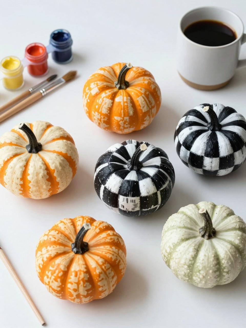 Image Prompt: A realistic DSLR photo of small pumpkins painted with imperfect hand-drawn checkerboard patterns in cream and burnt orange, black and white, and sage and ivory, arranged on a modern desk with paintbrushes, acrylic paint pots, and a ceramic coffee mug, bright natural light, creative fall craft scene.