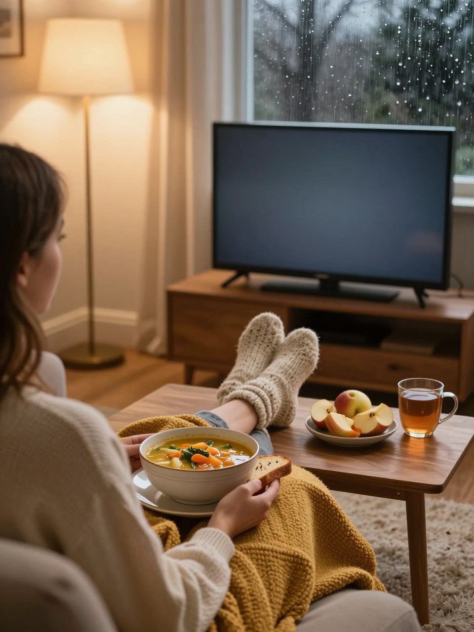 Image Prompt: A realistic cinematic photograph of a woman enjoying a cozy fall movie night in a comfortable living room, sitting beneath a textured mustard and cream blanket with a ceramic bowl of homemade vegetable soup and a slice of toasted bread on a low wooden table, television glowing softly without any visible title, warm floor lamp, knitted socks, small bowl of sliced apples and a mug of tea nearby, rain droplets on the dark window, rust, olive, caramel and cream interior colors, natural relaxed pose, believable food and fabric textures, editorial DSLR lifestyle photography, 35mm lens, no logos, no text.