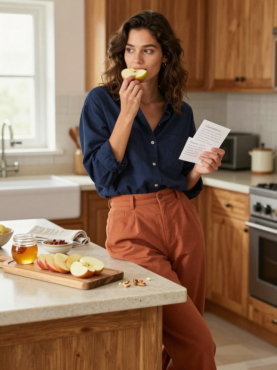 Image Prompt: A bright but natural DSLR photograph of a young Mediterranean woman leaning against a stone kitchen island during a casual fall afternoon. She wears an oversized navy button-up shirt tucked into high-waisted cinnamon trousers, with her sleeves loosely rolled. Several different apple varieties are sliced on a wooden board beside small ceramic bowls of honey, cinnamon, soft cheese, and nuts. She holds one apple slice near her mouth while comparing two handwritten tasting notes. The kitchen has warm oak cabinets, a linen towel, a small window with soft overcast light, and no excessive seasonal decorations. Realistic food texture, natural posture, gentle shadows, polished magazine-style lifestyle photography.