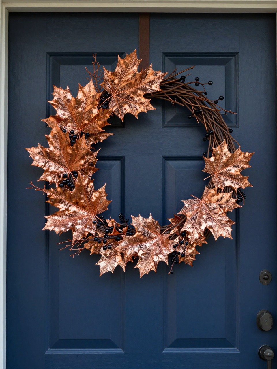 Image prompt: A modern handmade fall wreath displayed on a deep navy front door, featuring a thin round frame with hand-cut maple leaves made from flexible copper-colored craft mesh, the leaves gently bent and layered along the lower half, mixed with dark brown wire branches and a few matte black berry stems, finished without a bow, realistic metallic mesh texture, subtle light reflections, clean modern porch, late-afternoon sunlight, DSLR home decor photography, no people, vertical composition.