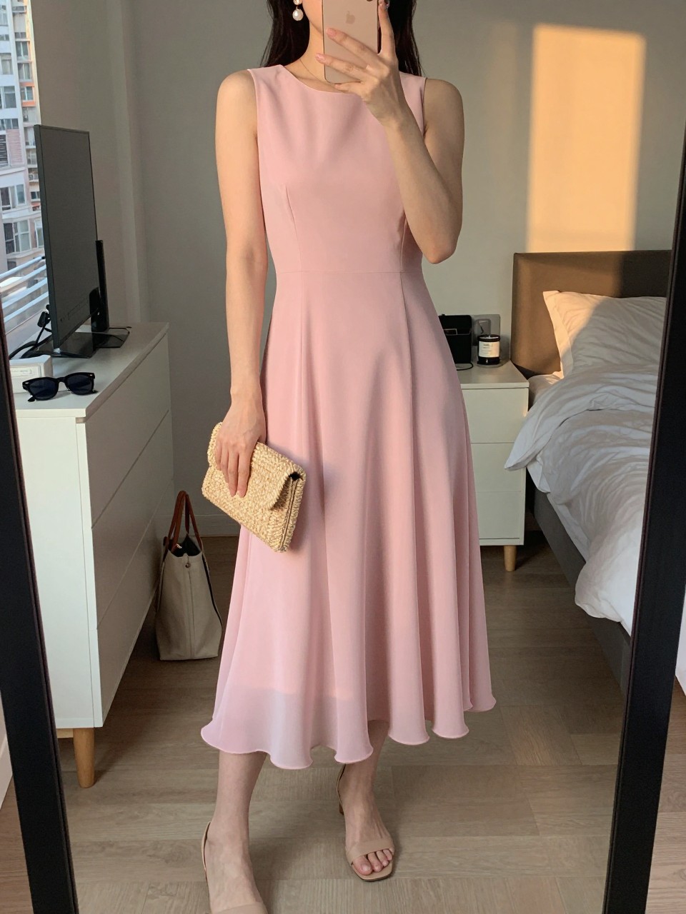 Image prompt
mirror selfie of a woman wearing a soft pink chiffon midi dress with a flowy skirt, pearl drop earrings, nude flat sandals, and a small raffia clutch, holding a phone in front of a mirror, cropped at NECK so face doesn't show, with a natural casual selfie pose, in a city apartment, evening golden hour, including small lived-in details like a tote bag on the floor, sunglasses on a dresser, or soft bedding in the background, latest iPhone photo quality.