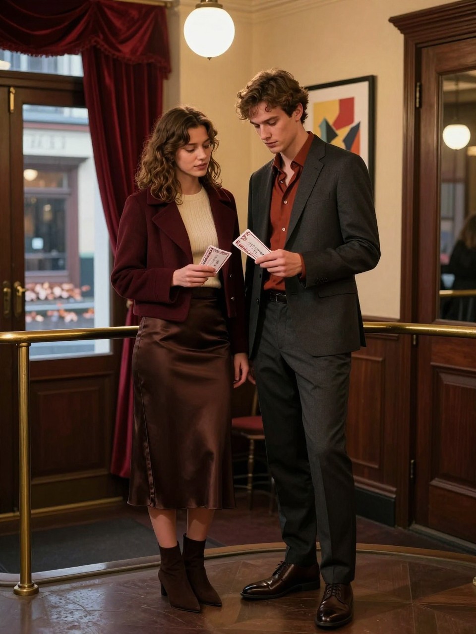 Image Prompt: A realistic evening DSLR photograph of a young white couple inside the lobby of a small historic theater. The woman wears a dark chocolate satin midi skirt, fitted cream sweater, cropped burgundy coat, and pointed ankle boots. The man wears a charcoal suit with an open-collar rust shirt and polished leather shoes. They stand beneath warm globe lights while sharing two generic paper tickets, one partner reading the details as the other rests an arm lightly around their waist. Red velvet curtains, framed abstract posters, brass railings, and a front window showing wet fallen leaves create the background. Natural skin texture, realistic ticket proportions, warm cinematic lighting, understated affectionate body language.