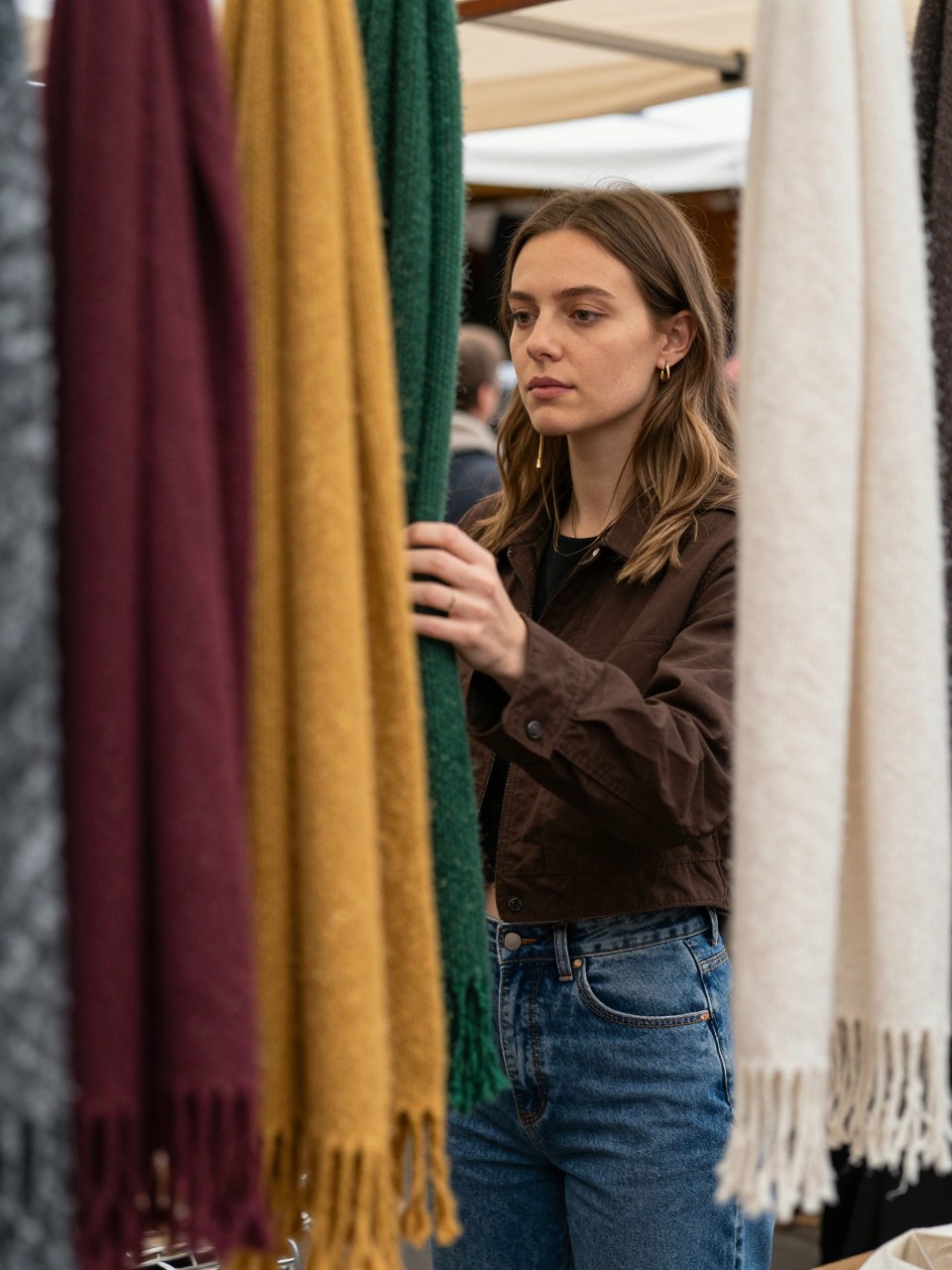 Image Prompt: A realistic close-to-medium fall photograph taken through a row of hanging wool scarves at an outdoor vintage market. A young white woman stands on the opposite side wearing a cropped chocolate jacket, high-waisted denim, and small gold earrings. Burgundy, mustard, forest green, and cream scarves create a soft foreground frame around her. She reaches between the scarves to examine one, with her face visible through a narrow opening. Diffused daylight, natural skin texture, visible wool fibers, slight foreground blur, market shoppers softly out of focus, intimate editorial viewpoint.