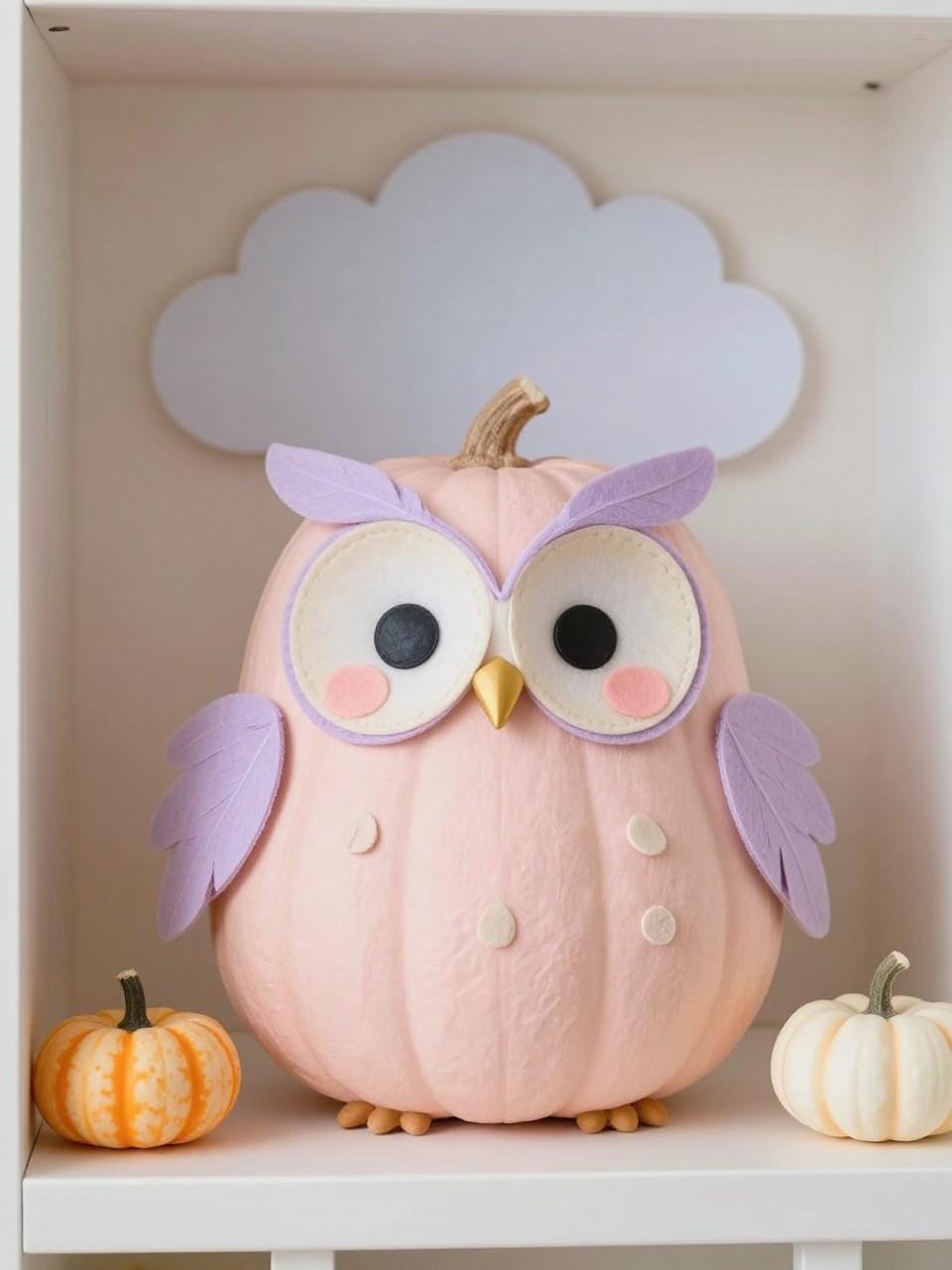 Image Prompt: A realistic DSLR photo of a small blush pink pumpkin decorated as a pastel baby owl, with oversized sleepy eyes, tiny felt wings, soft lavender and cream paper feathers, blush cheeks, a small gold beak, and a pastel cloud backdrop, displayed on a nursery-style shelf with tiny pumpkins and soft natural light, cute gentle fall decor photography.