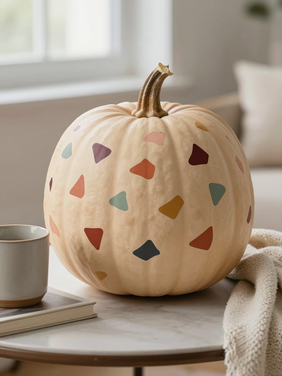 Horizontal 16:9 realistic iPhone camera photograph of a warm-beige real pumpkin painted with scattered irregular terrazzo-style fragments in terracotta, muted blush, sage green, mustard, burgundy, and charcoal, natural brown stem, displayed on a coffee table beside a ceramic mug, neutral books, and a folded cream blanket, soft afternoon window light, relaxed handmade pattern, matte finish, no text.