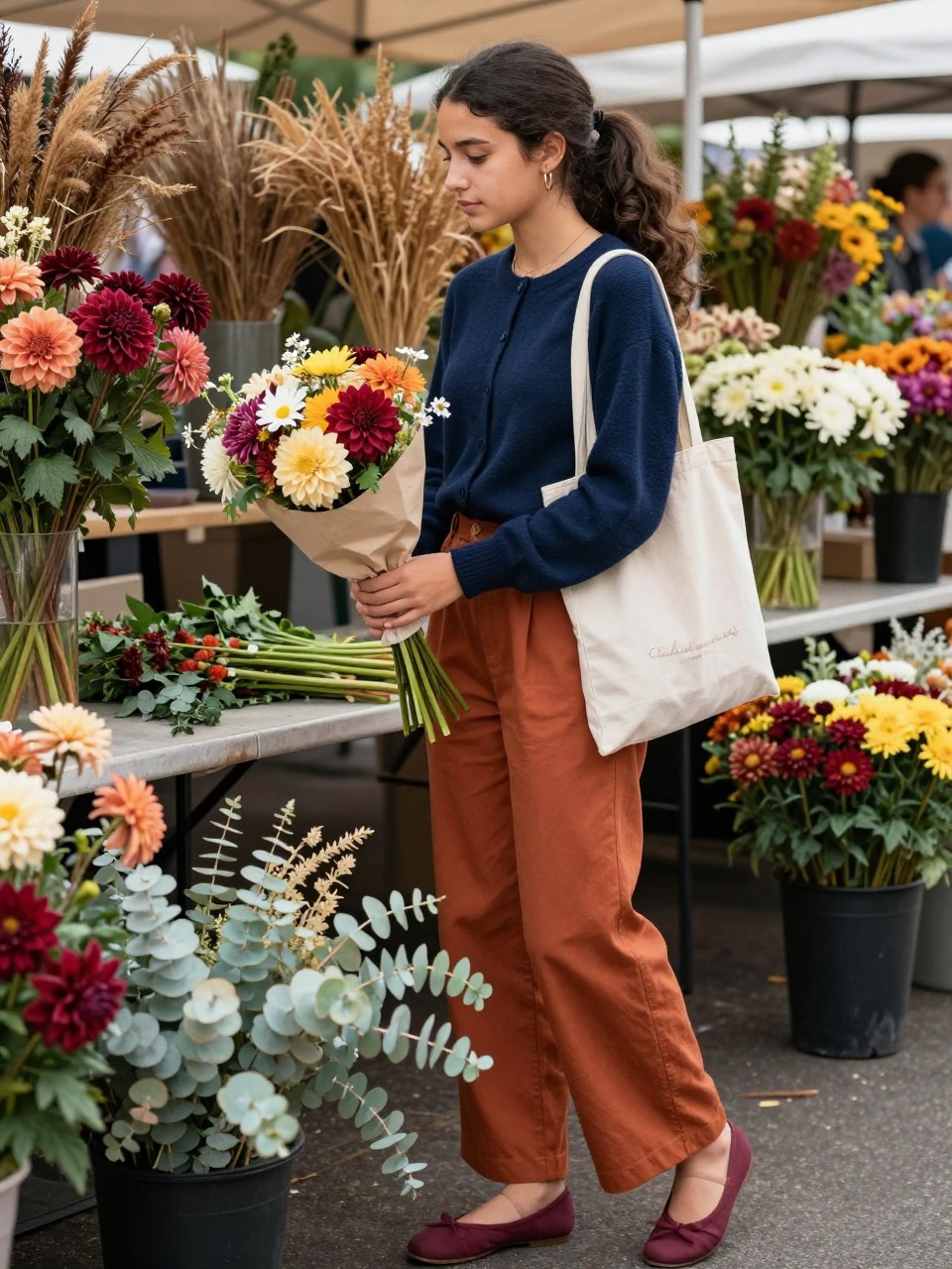 Image Prompt: A realistic outdoor senior portrait of a Latina teenage girl standing at a fall flower market surrounded by dahlias, chrysanthemums, amaranthus, dried grasses, and eucalyptus. She wears a fitted navy cardigan, cinnamon wide-leg trousers, burgundy ballet flats, and small gold hoop earrings. She holds a loosely wrapped flower bundle low beside one hip while turning toward a table of stems. A small canvas tote printed with a subtle graduation year rests over her shoulder. Soft morning sunlight, natural olive skin tone, realistic flower and paper textures, candid posture, rich but balanced autumn colors, modern lifestyle editorial.