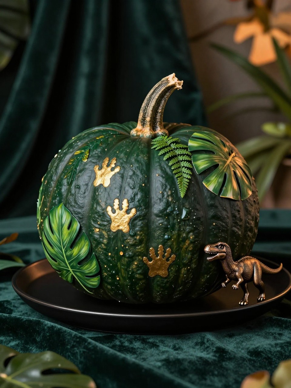 Image Prompt: A realistic DSLR photo of a deep emerald green pumpkin decorated with gold dinosaur footprints, painted tropical leaves, tiny fern details, a small bronze dinosaur figure beside it, black tray base, dark green velvet fabric, and warm evening light, sophisticated jungle-inspired fall decor.