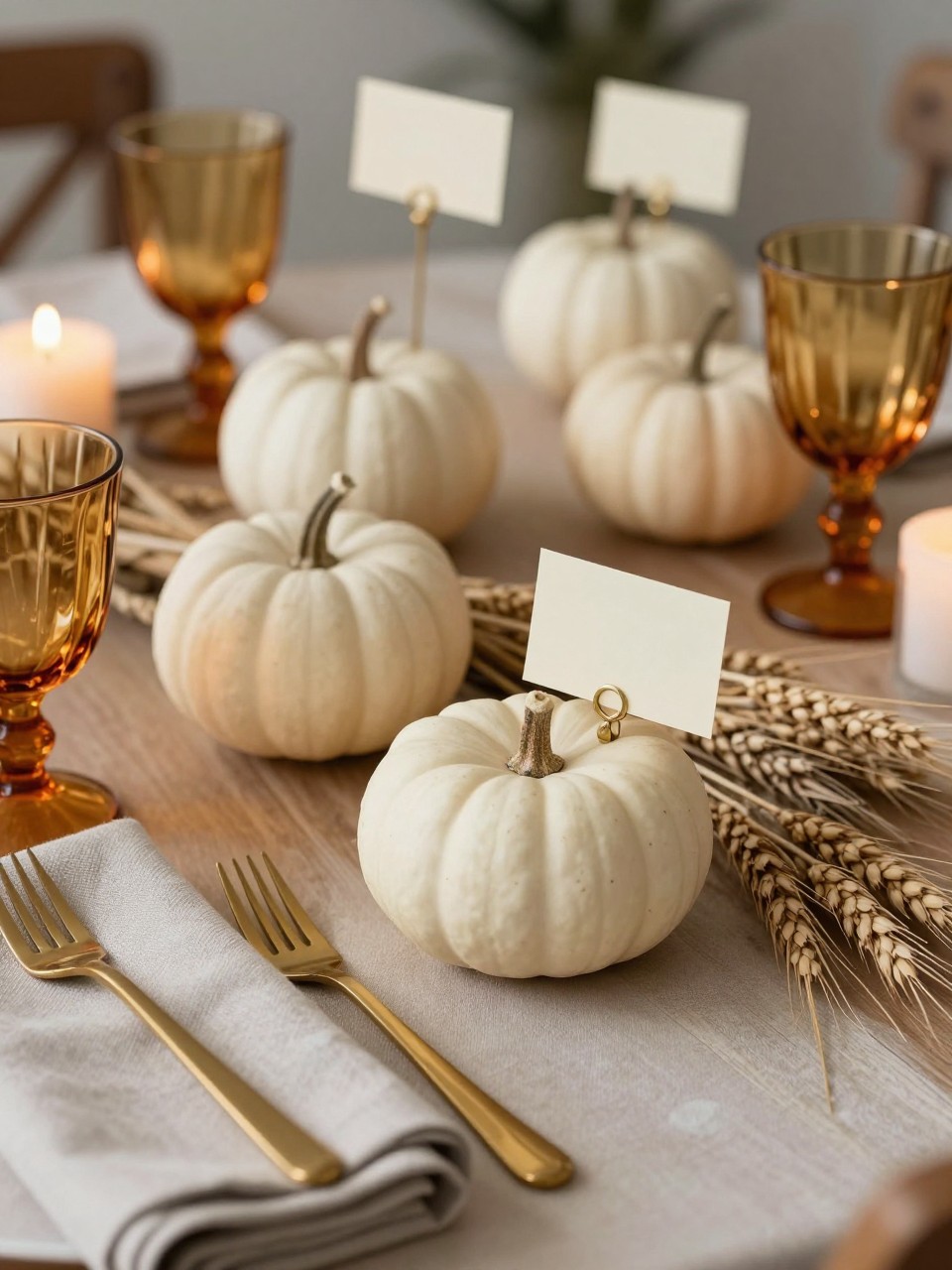 Image Prompt: A realistic DSLR photo of small white pumpkins used as place card holders with tiny cream cards tucked into their stems, styled on a Thanksgiving table with linen napkins, amber glasses, dried wheat, gold cutlery, and soft candlelight, elegant fall dinner setting.