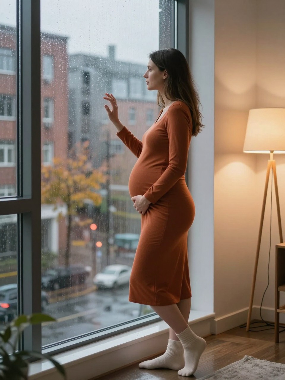 Image Prompt: A realistic side-profile photograph of a pregnant white woman standing beside a tall apartment window during gentle fall rain. She wears a fitted long-sleeve cinnamon maternity dress with soft cream socks and no loose accessories. One hand rests beneath her belly while the other touches the rain-speckled glass at shoulder height. Her profile is outlined by cool window light, while a warm floor lamp softly illuminates the room behind her. Outside, wet brick buildings, blurred amber trees, and reflected streetlights create subtle color. Natural pale skin texture, accurate pregnancy silhouette, realistic rain droplets, balanced cool and warm lighting, minimal editorial composition.