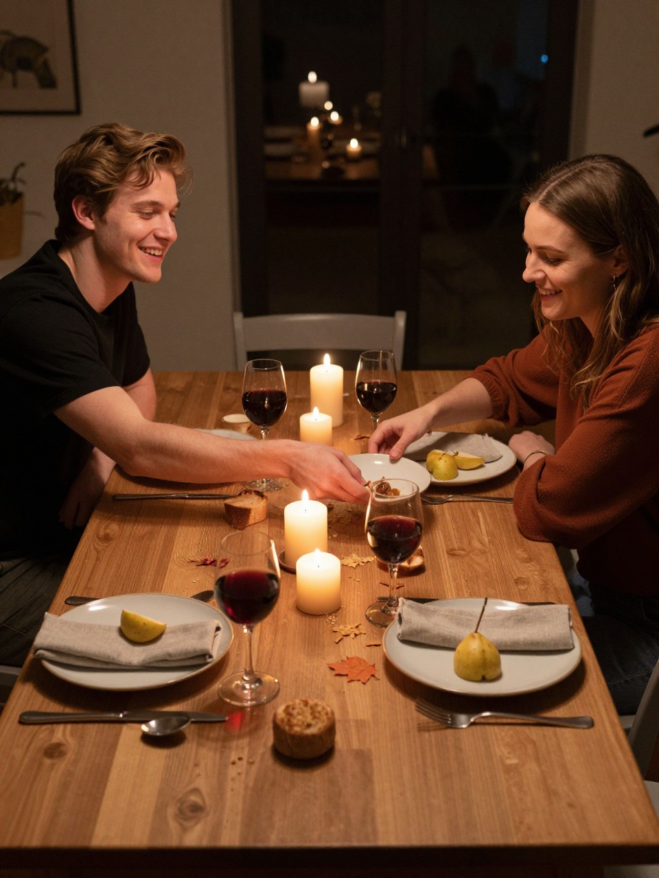 Image Prompt: A realistic evening DSLR photograph of a young white couple sitting at a wooden dining table after a small autumn dinner. The meal is mostly finished, with two plates, folded linen napkins, pear slices, bread crumbs, wine glasses containing a non-specific dark drink, and several low taper candles burned to different heights. One person leans back smiling while the other reaches across the table to collect a plate. They wear understated evening outfits in black, chocolate brown, and muted rust. The room is dimly lit by candles and one distant lamp, realistic flame glow, natural skin texture, visible shadows, candid expressions, intimate editorial storytelling.