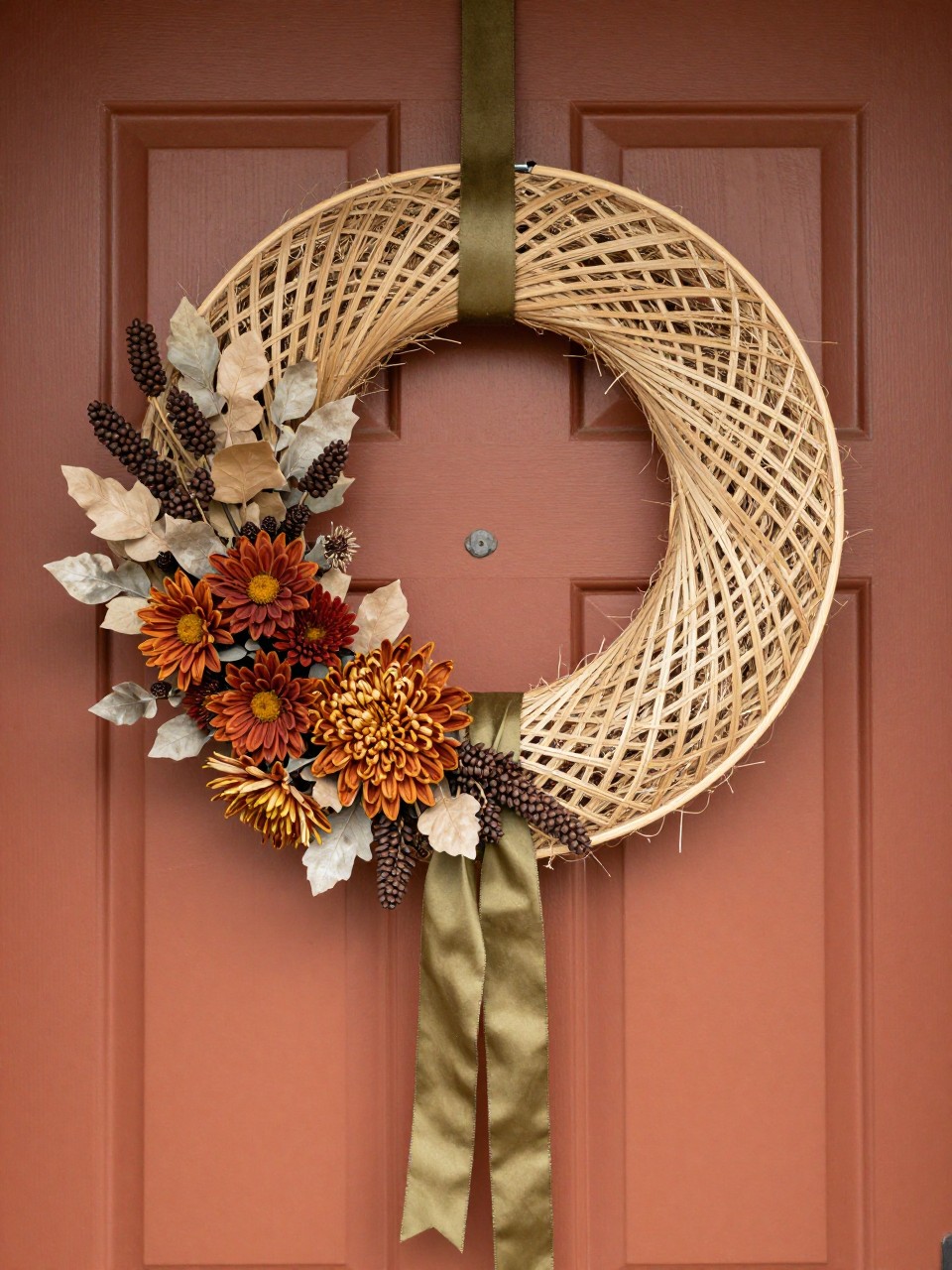 Image prompt: A stylish handmade fall wreath on a warm terracotta-colored front door, made from a wide wooden embroidery hoop filled with natural cane webbing, decorated along one lower corner with dried-look rust chrysanthemums, muted beige leaves, dark brown seed pods, and a narrow olive ribbon, open woven cane pattern remains clearly visible, realistic botanical textures and handmade hoop construction, modern vintage porch, soft directional afternoon light, DSLR interior-style decor photography, no people, vertical composition.