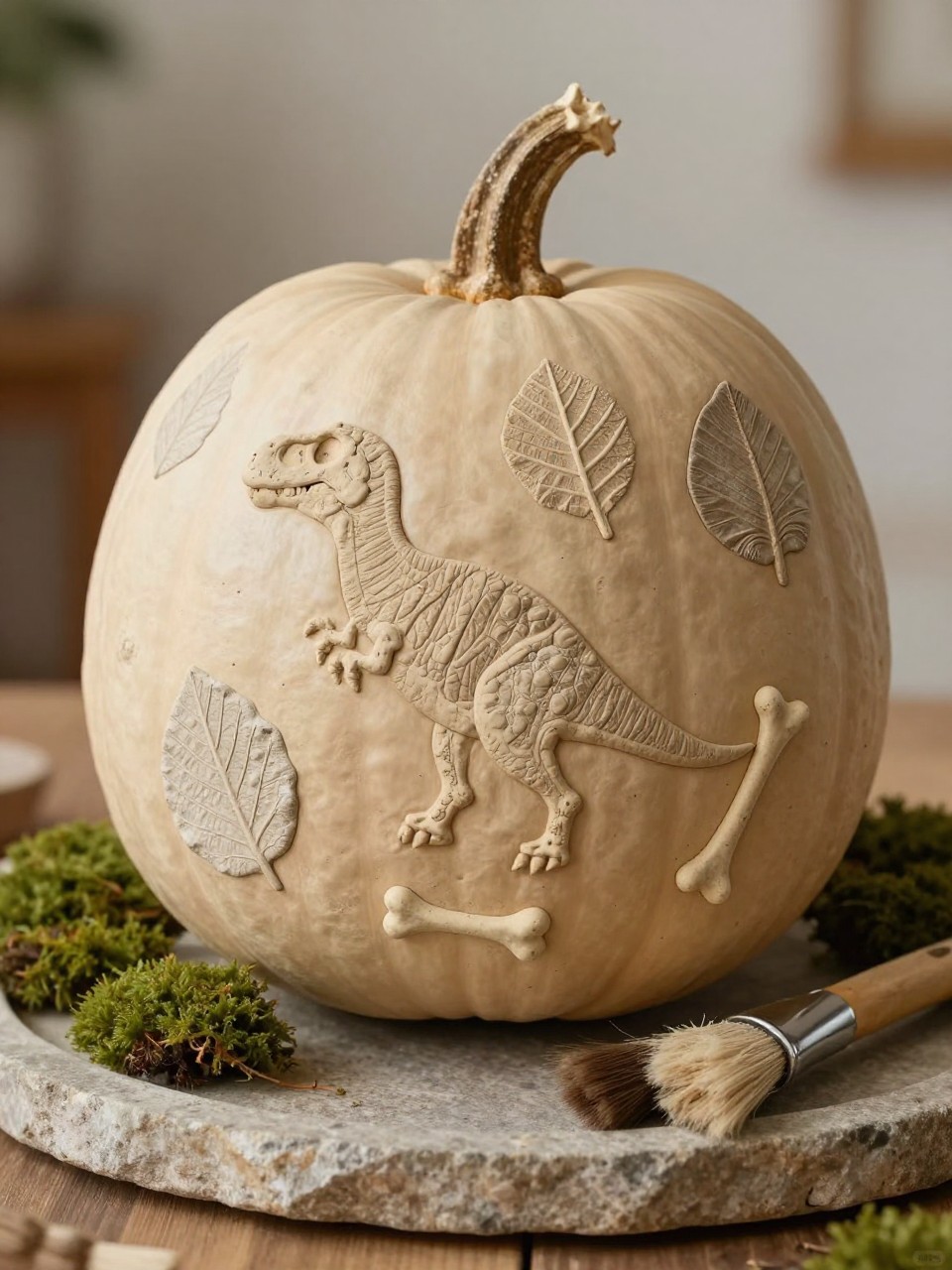Image Prompt: A realistic DSLR photo of a beige pumpkin decorated with air-dry clay fossil imprints, including dinosaur footprints, leaf fossils, small bone shapes, and shell textures, arranged on a stone tray with soft moss, old brushes, and warm natural light, museum-inspired handmade fall decor with realistic texture.