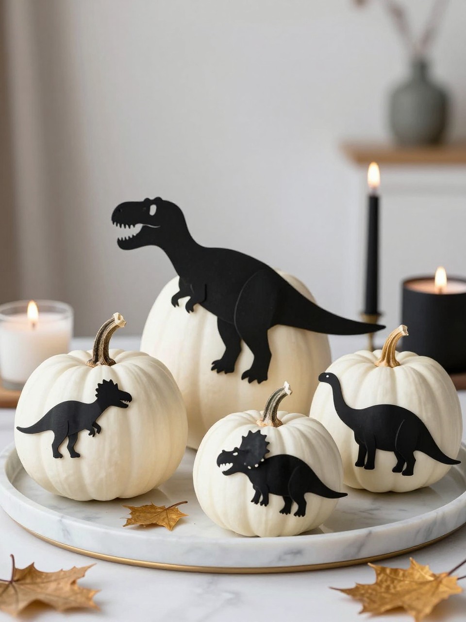 Image Prompt: A realistic DSLR photo of several small white pumpkins decorated with black dinosaur silhouettes, including T. rex, stegosaurus, triceratops, and brontosaurus, arranged on a marble tray with gold leaves, black taper candles, and soft indoor fall light, modern minimalist dinosaur pumpkin decor photography.