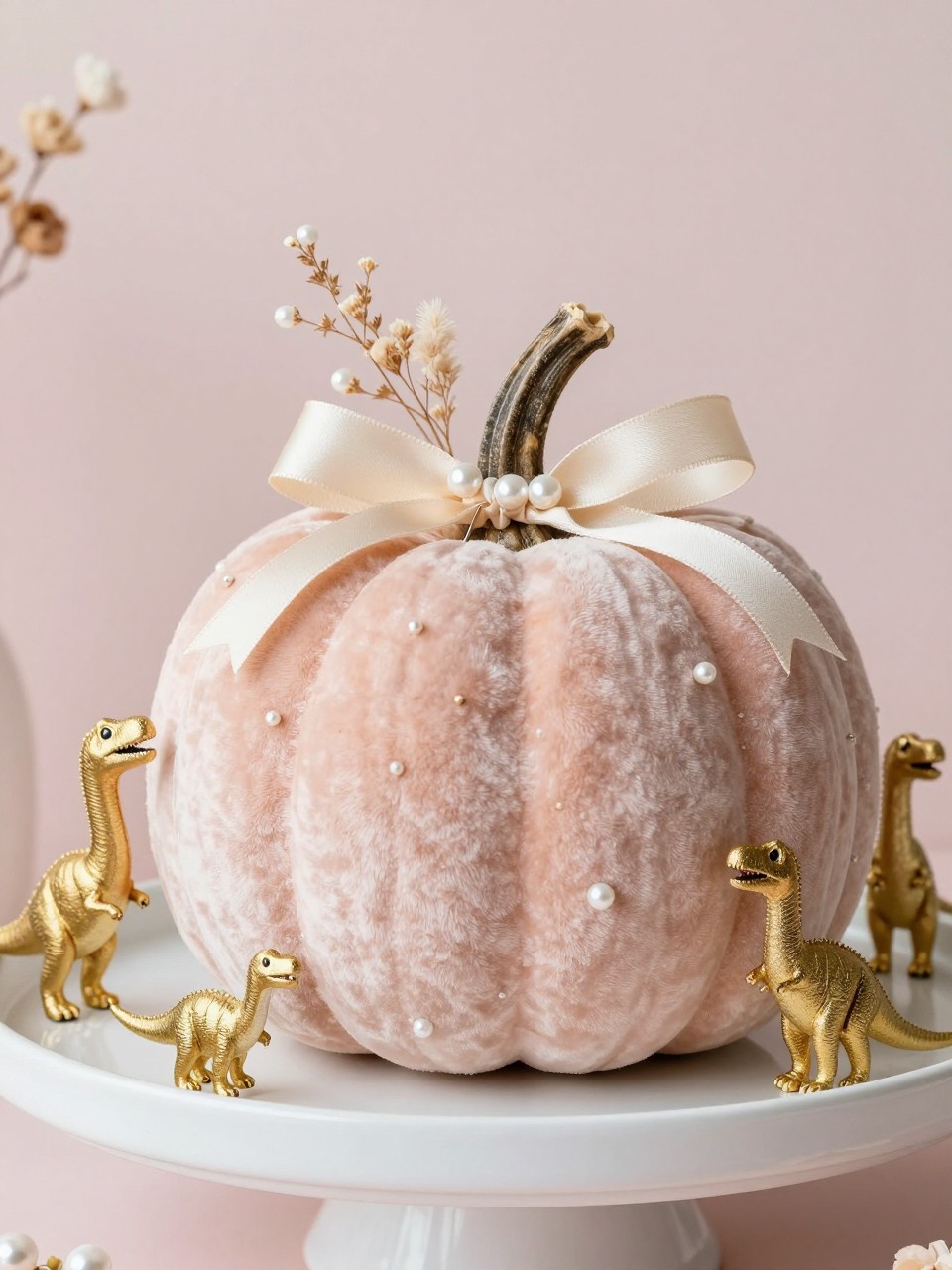 Image Prompt: A realistic DSLR photo of a soft blush velvet-covered pumpkin styled with tiny gold dinosaur figures, pearl pins, cream ribbon, dried flowers, and a pale pink backdrop, arranged on a white tray with warm natural light, classy feminine dinosaur party centerpiece, realistic handmade texture.