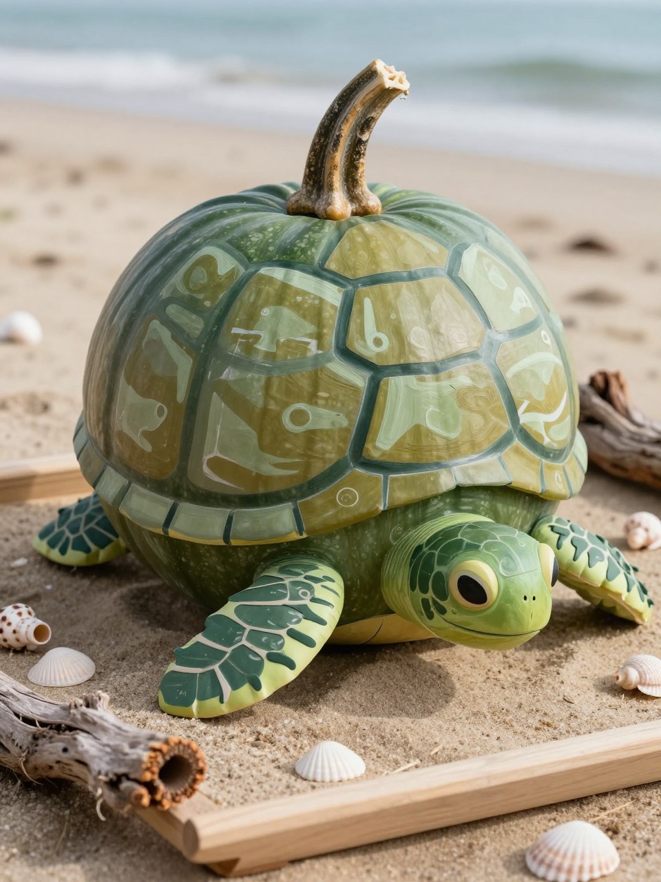 Image Prompt: A realistic DSLR photo of a green pumpkin decorated as a sea turtle shell, with painted shell pattern in olive and sage, paper flippers, small turtle head, sandy tray base, tiny seashells, driftwood pieces, and soft natural coastal light, creative beach-themed fall pumpkin decorating display, realistic handmade details.