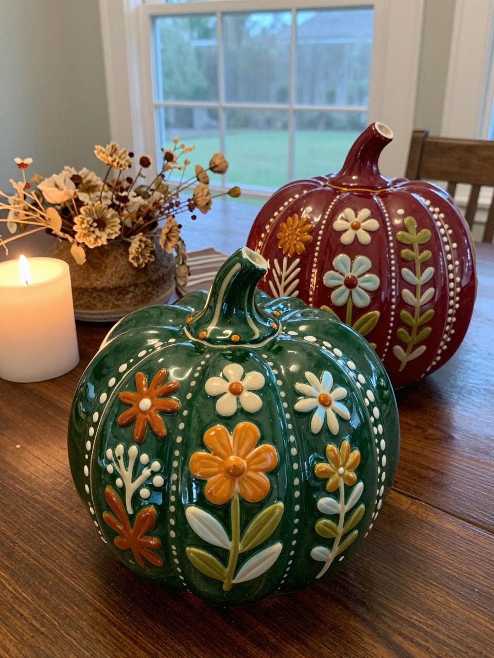 Horizontal 16:9 casual iPhone camera photo of two glazed ceramic pumpkins decorated with symmetrical folk-art flowers, curved leaves, dots, and small borders, one deep forest green and the other muted burgundy, both using cream, mustard, rust, pale blue, and olive details, displayed on a dark wooden dining table beside candles and dried flowers, soft evening window light, visible handmade symmetry and small imperfections, no text.