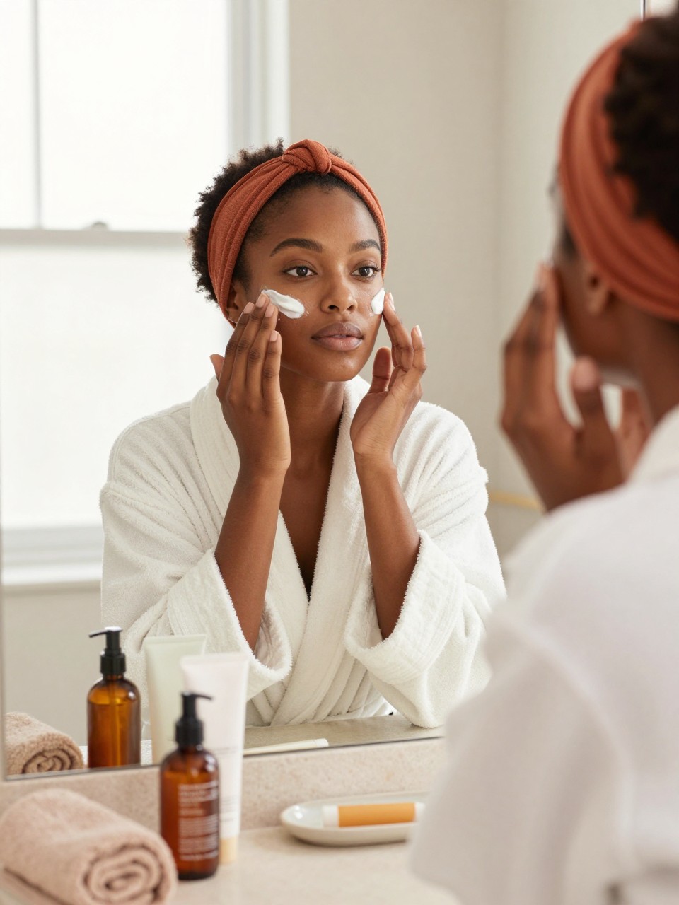 Image Prompt: A high-resolution beauty photograph of a Black woman with deep brown skin applying a rich facial moisturizer in front of a softly lit bathroom mirror, hair held back with a wide terracotta fabric headband, wearing a plush white robe, natural bare skin with visible realistic texture, hydrating serum, facial cream, body lotion and lip balm arranged neatly on a light stone countertop, soft hand towel and small ceramic tray nearby, warm morning window light, muted cream and burnt orange bathroom details, premium skincare editorial photography, 85mm lens, shallow depth of field, no product branding, no text.