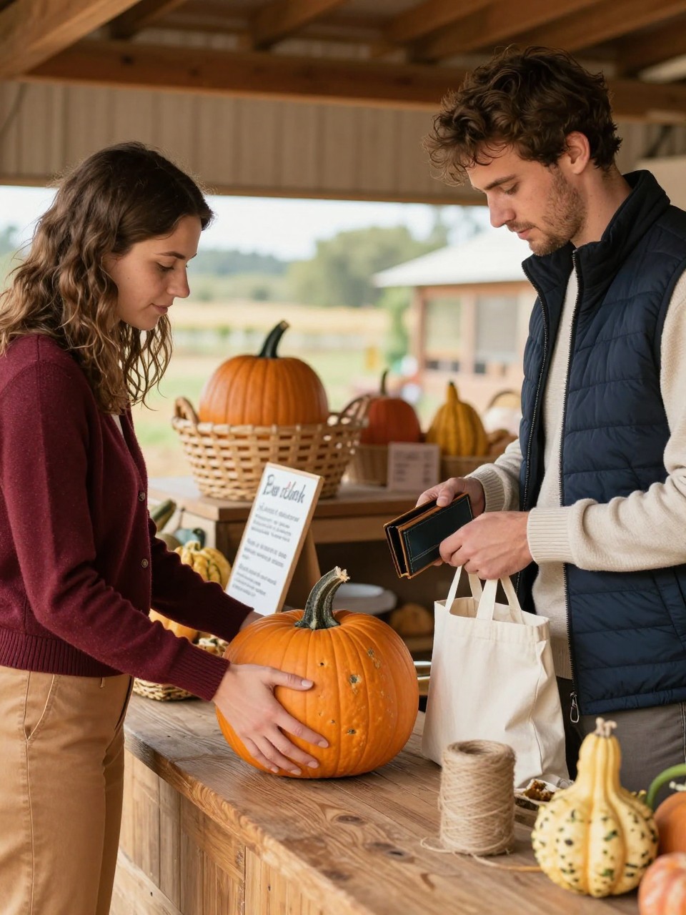 Image Prompt: A realistic documentary-style photograph of a young Mediterranean couple at a rustic pumpkin farm checkout counter. One person places a pumpkin onto a wooden surface while the other opens a canvas tote and reaches for a wallet. The woman wears a dark red cardigan and camel trousers, while the man wears a navy quilted vest over a cream sweater. Handwritten price boards, baskets, twine, and small gourds surround the counter. The image is captured from the side with natural interaction and no one looking at the camera. Warm indoor-outdoor light, realistic hands, wood grain, pumpkin imperfections, authentic autumn farm atmosphere.