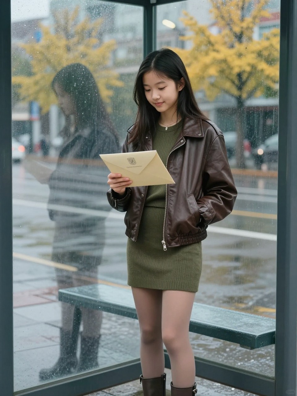 Image Prompt: A realistic urban senior portrait of an East Asian teenage girl standing inside a glass bus shelter after light fall rain. She wears a cropped dark brown leather jacket, a fitted olive knit dress, sheer tights, and ankle boots. She holds a cream envelope with a simple university-style crest that does not copy a real institution, keeping the front text unreadable. Her reflection overlaps with wet yellow trees and passing streetlights on the glass. She looks down at the envelope with a thoughtful smile while one hand rests inside her jacket pocket. Realistic reflections, natural skin texture, cool grey daylight, believable raindrops, modern cinematic composition.