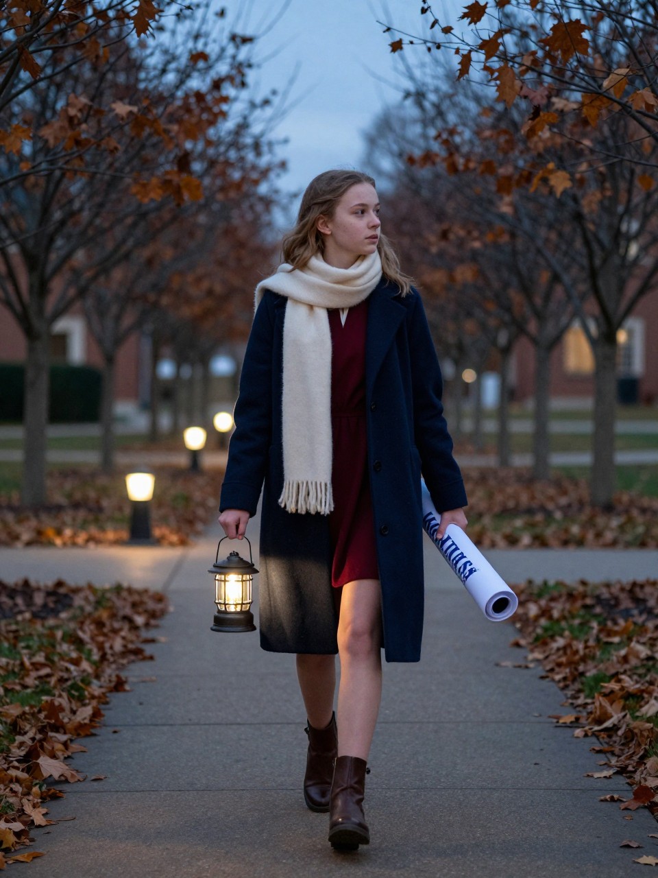 Image Prompt: A cinematic but realistic blue-hour photograph of a white teenage girl walking along a safe garden or campus path lined with low autumn trees. She wears a long navy wool coat over a dark red dress, cream scarf, and leather ankle boots. She carries a small warm battery lantern in one hand and a simple graduation-year banner rolled beneath the opposite arm rather than displayed toward the camera. Her face turns gently back over one shoulder while she continues walking. Small pathway lights glow behind her, copper leaves cover the ground, and the sky remains pale blue. Natural skin texture, realistic low-light exposure, visible coat fibers, subtle movement, atmospheric senior-year storytelling.