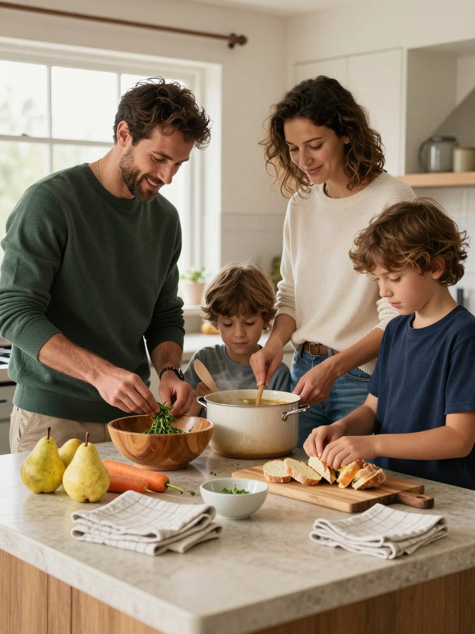 Image Prompt: A realistic indoor editorial photograph of a Mediterranean family preparing vegetable soup in a warm home kitchen. Two parents and two school-age children gather around a large stone island. One child tears herbs into a wooden bowl, the other arranges sliced bread on a board, while the parents stir a safe cooled pot away from the children. The family wears relaxed layers in dark green, cinnamon, cream, navy, and faded denim. Pears, carrots, folded linen towels, and ceramic bowls create the seasonal palette without excessive decorations. Natural tan skin tones, soft cloudy window light, realistic food and hand details, lightly lived-in kitchen, candid family expressions.