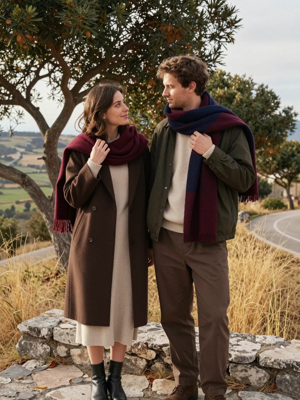 Image Prompt: A realistic medium-full DSLR photograph of a Mediterranean couple standing at a quiet stone overlook surrounded by copper trees and faded golden grass. The woman wears an oatmeal knit dress beneath a chocolate brown coat, while the man wears a dark olive jacket, cream sweater, and relaxed brown trousers. One oversized burgundy-and-navy wool scarf wraps loosely around both of their shoulders. She holds one end near her collar while he adjusts the opposite side, and they look at each other with soft smiles rather than facing the camera. A distant valley and winding road appear behind them, late-afternoon side light, natural tan skin tones, realistic wool fibers, gentle wind movement, affectionate but unforced composition.