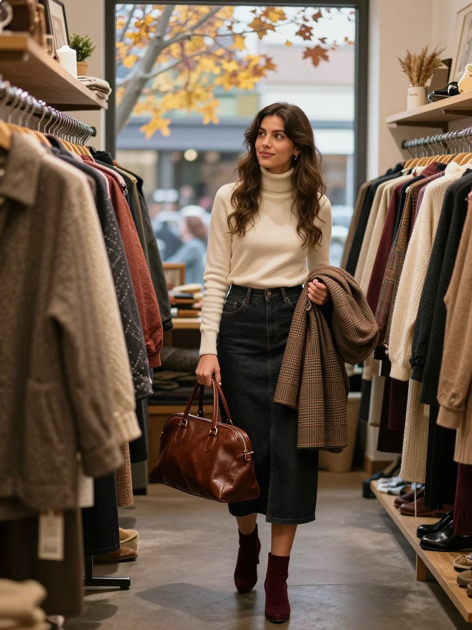 Image Prompt: A realistic fashion lifestyle photograph of a woman browsing a stylish secondhand shop during fall, holding a vintage chocolate-brown leather handbag in one hand and a plaid wool blazer in the other, wearing a fitted cream turtleneck, dark denim midi skirt and burgundy ankle boots, long wavy hair draped over one shoulder, clothing rails filled with textured coats, scarves and knitwear, warm shop lighting, large window showing fallen leaves outside, curious cheerful expression, realistic vintage fabric and leather textures, editorial DSLR photography, 50mm lens, no shop logos, no readable price tags.
