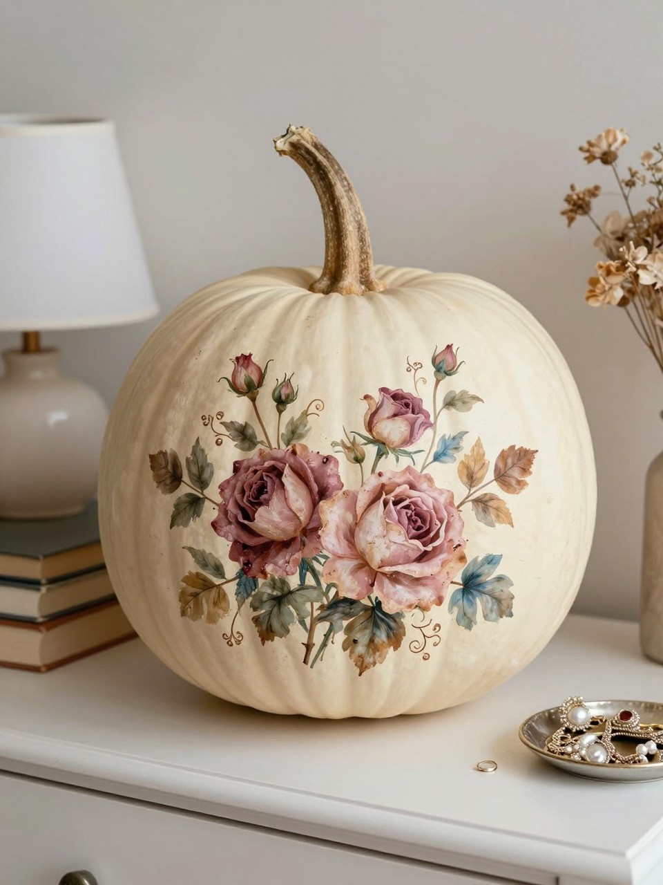 Horizontal 16:9 realistic iPhone photo of a pale cream real pumpkin painted with faded vintage-inspired roses, tiny buds, and curling leaves in dusty pink, burgundy, muted blue, sage green, and warm brown, natural stem, displayed on a bedroom dresser beside old books, a small ceramic lamp, dried flowers, and a jewelry dish, soft morning daylight, delicate imperfect brushwork, romantic lived-in fall interior, no artificial gloss, no text.