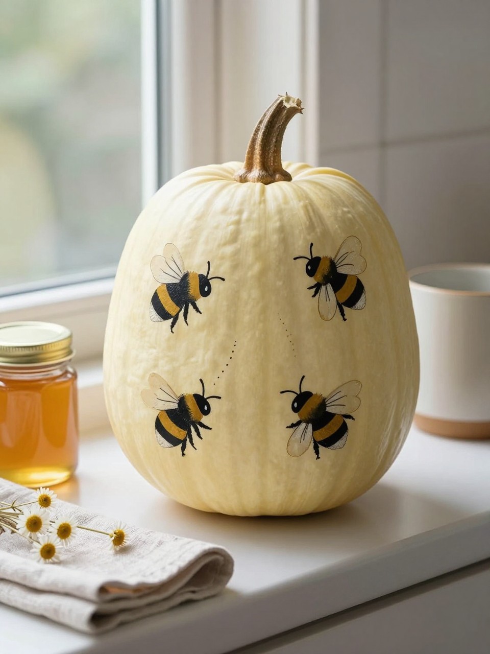Horizontal 16:9 natural iPhone photograph of a pale butter-yellow real pumpkin painted with three small hand-painted bumblebees, black and muted-gold striped bodies, simple cream wings, tiny dotted flight paths, natural brown stem, displayed on a kitchen windowsill beside a small honey jar, ceramic mug, folded linen, and dried chamomile, soft morning light, realistic handmade details, no commercial styling, no text.