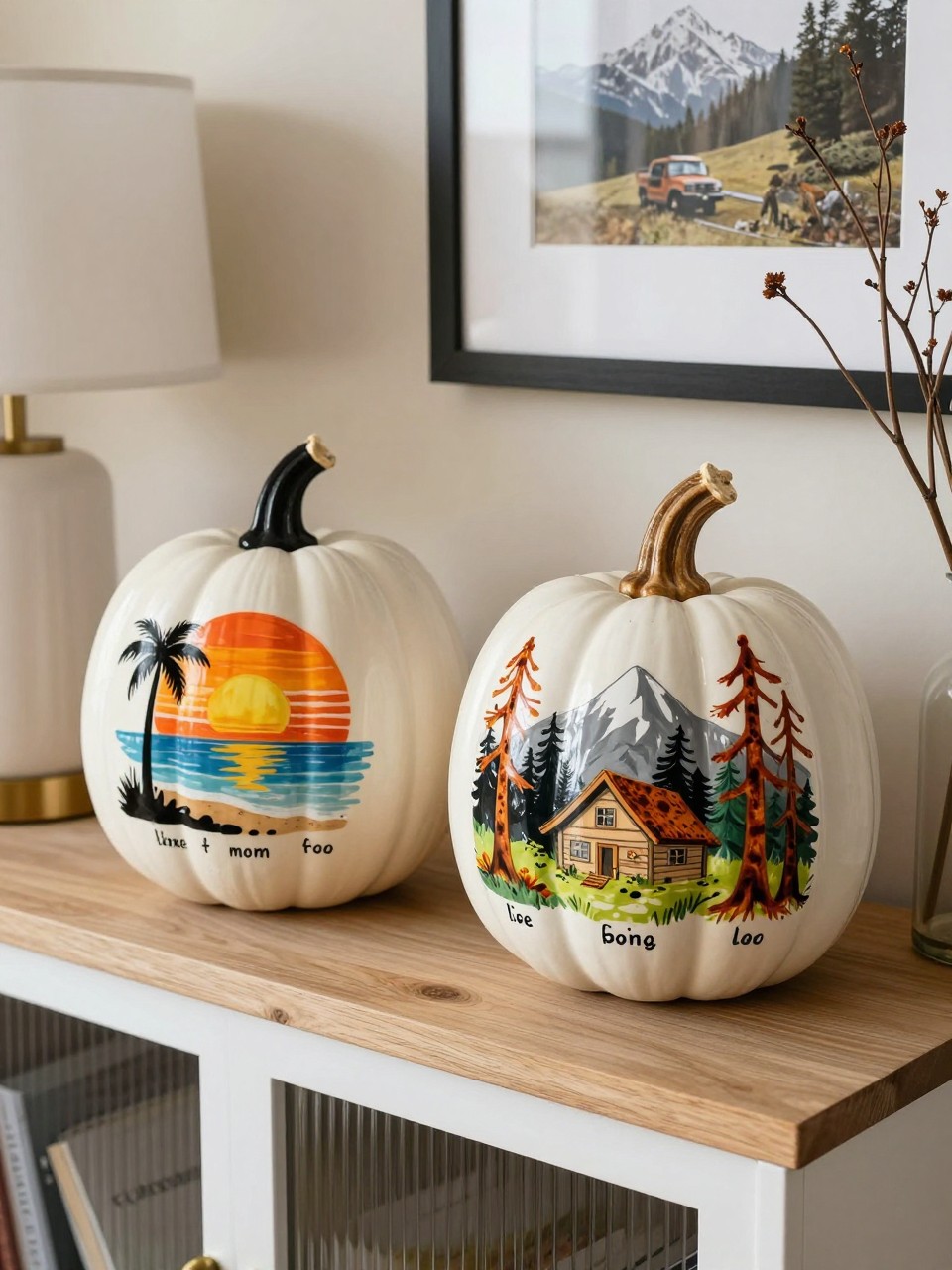 Horizontal 16:9 natural iPhone photo of two warm-white ceramic pumpkins painted with meaningful travel memories, one featuring a small beach sunset with palm silhouettes and the other a mountain cabin surrounded by rust trees, tiny hand-painted dates beneath each scene, displayed on an entryway console beside framed travel photos, a lamp, and dried branches, soft afternoon daylight, realistic personal artwork, no random text.