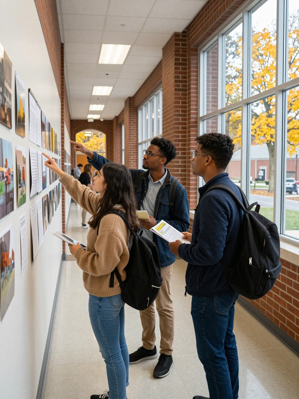 Image Prompt: Two groups of college students exploring an unfamiliar academic building during fall, an engineering student examining an art display while an art student looks through a large science laboratory observation window, one Black male student holding a campus guide and pointing toward a lecture hall, brick corridors, notice boards without readable details and golden trees visible outside, casual backpacks and layered clothing, candid curiosity, bright natural indoor light, editorial DSLR campus photography, no text overlay.